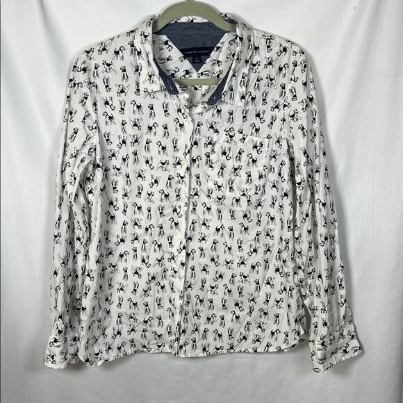 Tommy Hilfiger black white long sleeve button down with terrier dog print size L - Picture 1 of 5
